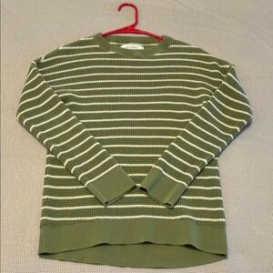 REI Olive and Cream Striped Crew Neck Sweater